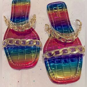 💥Women’s KAYLEEN By Lost Angeles Chain Decor clear Straps Slide ,size:7🎊